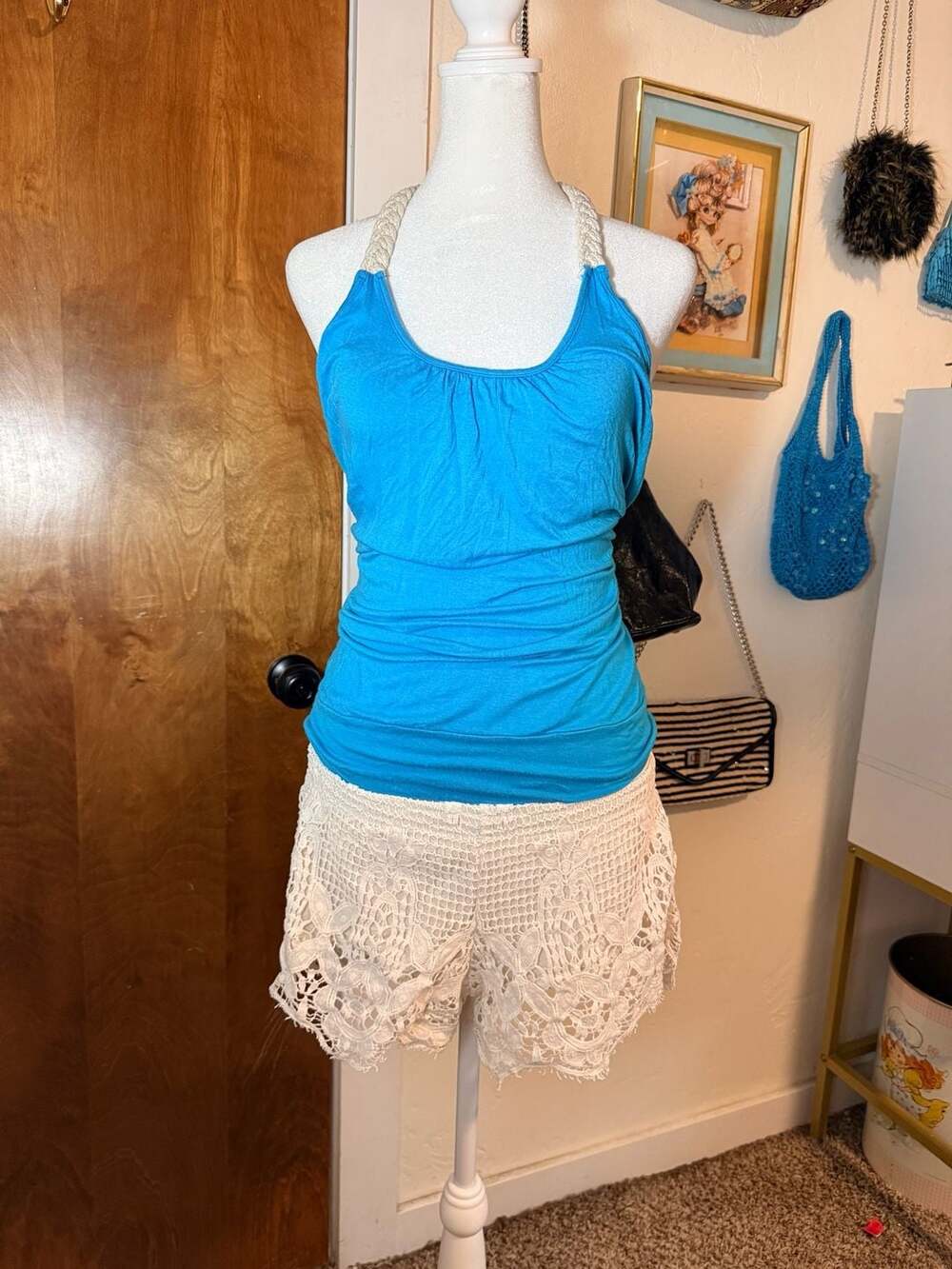 Y2K Taboo Turquoise Braided Halter Top Macrame Strap Open Back Tank L